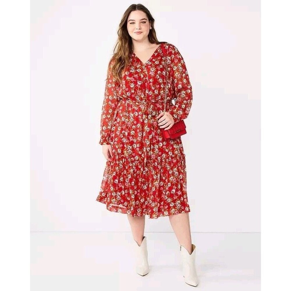 Draper James RSVP Red Floral Long Sleeve Tiered Chiffon Midi Dress Size Large